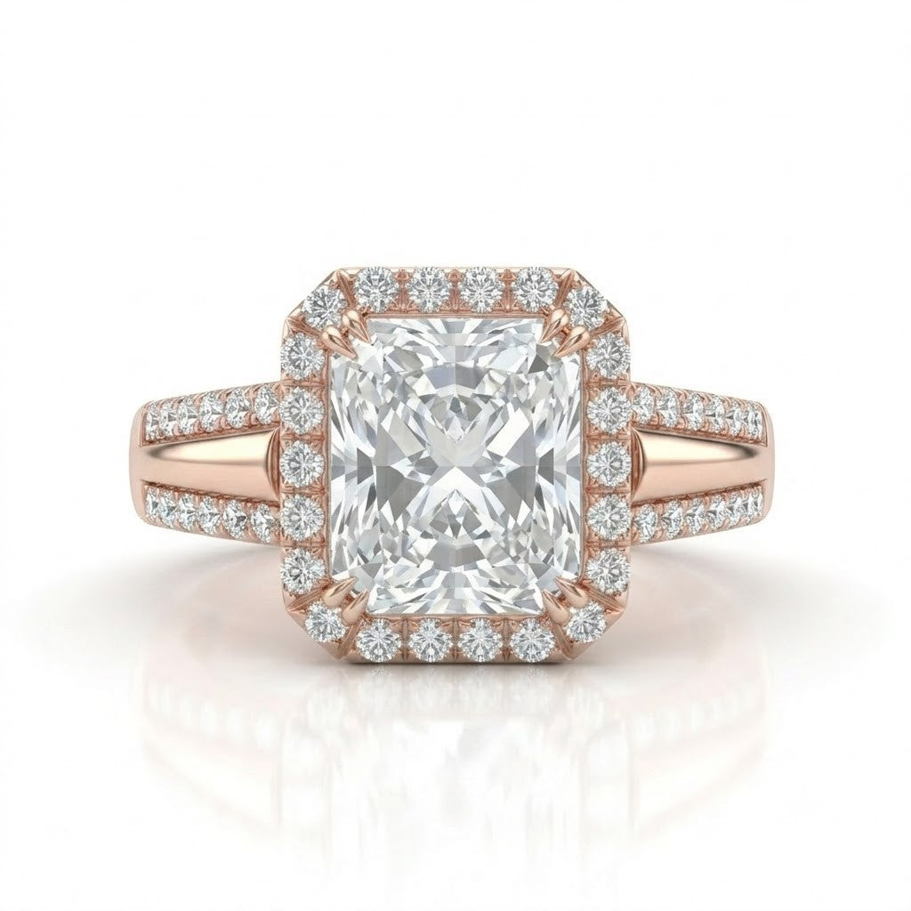 Rose Gold Radiant Cut Diamond Halo Engagement Ring With Split Pave Shank