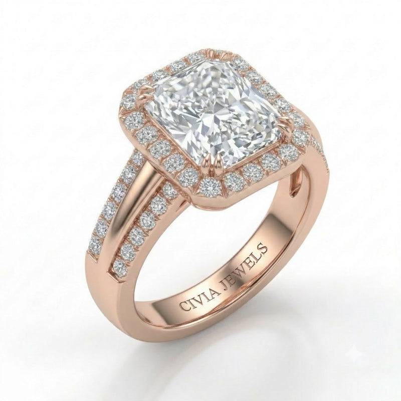 Rose Gold Radiant Cut Diamond Halo Engagement Ring With Split Pave Shank