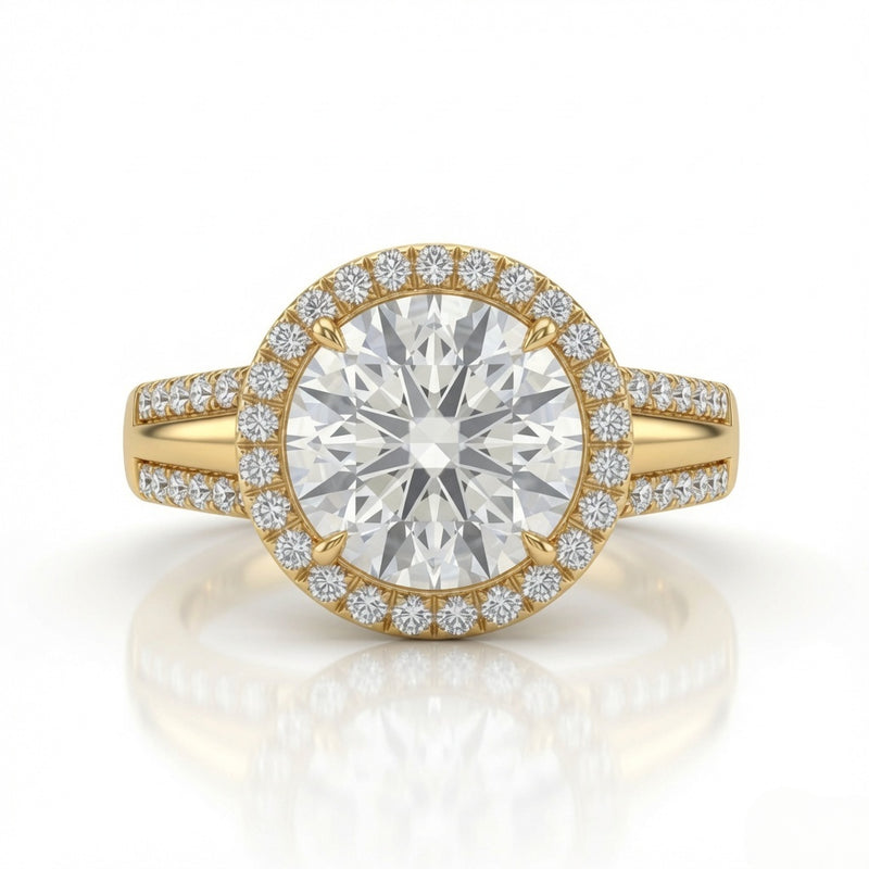 Yellow Gold Round Cut Diamond Halo Engagement Ring With Split Pave Shank