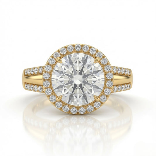 Yellow Gold Round Cut Diamond Halo Engagement Ring With Split Pave Shank