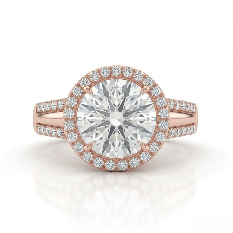 Rose Gold Round Cut Diamond Halo Engagement Ring With Split Pave Shank