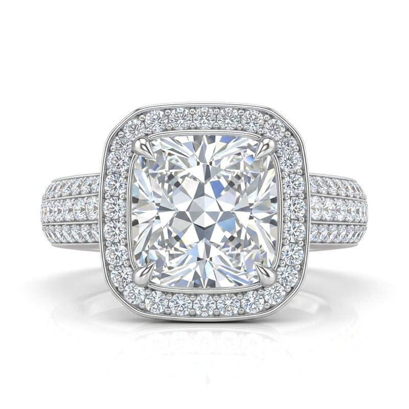 Silver Caelvani Cushion Cut Diamond Halo Engagement Ring With Triple Row Pave Shank