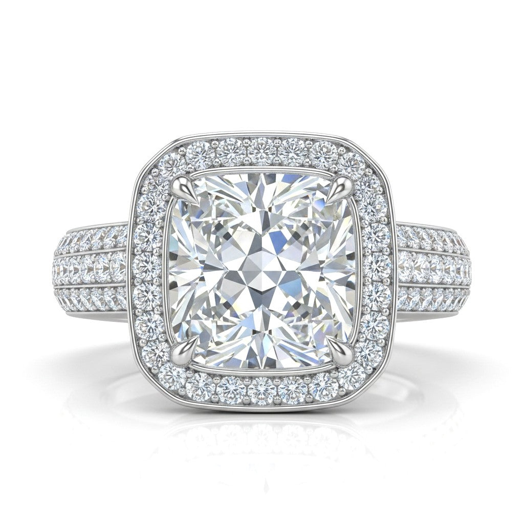 Silver Caelvani Cushion Cut Diamond Halo Engagement Ring With Triple Row Pave Shank