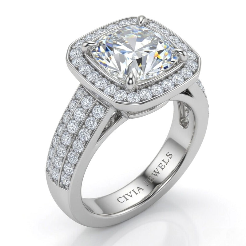 Silver Caelvani Cushion Cut Diamond Halo Engagement Ring With Triple Row Pave Shank