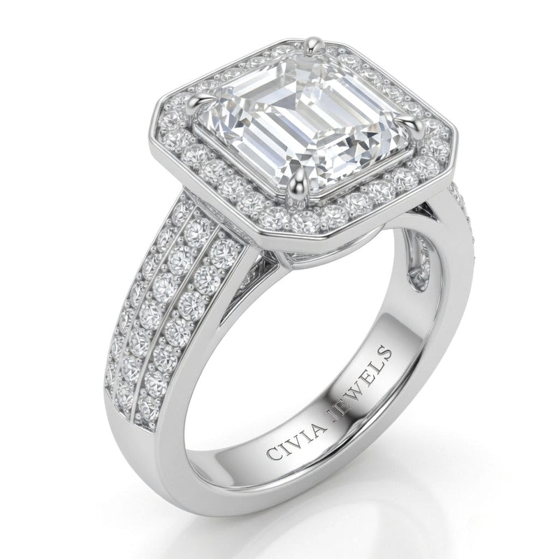 White Gold Caelvani Emerald Cut Diamond Halo Engagement Ring With Triple Row Pave Shank