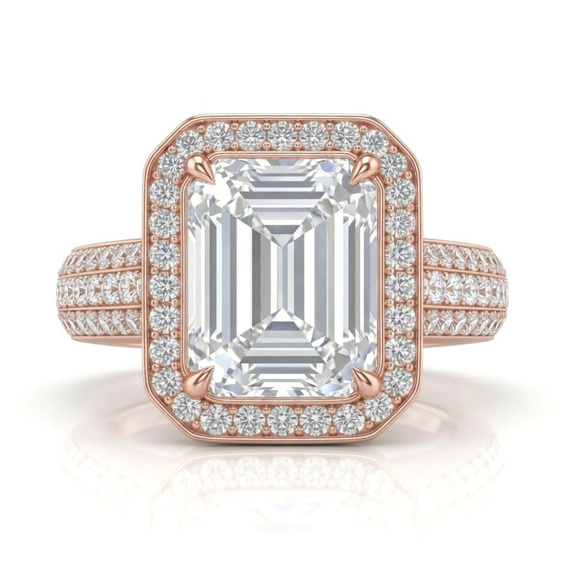 Rose Gold Caelvani Emerald Cut Diamond Halo Engagement Ring With Triple Row Pave Shank