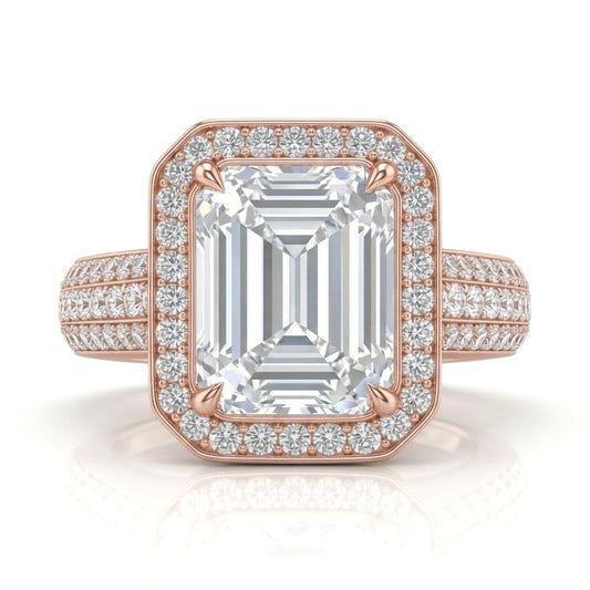 Rose Gold Caelvani Emerald Cut Diamond Halo Engagement Ring With Triple Row Pave Shank
