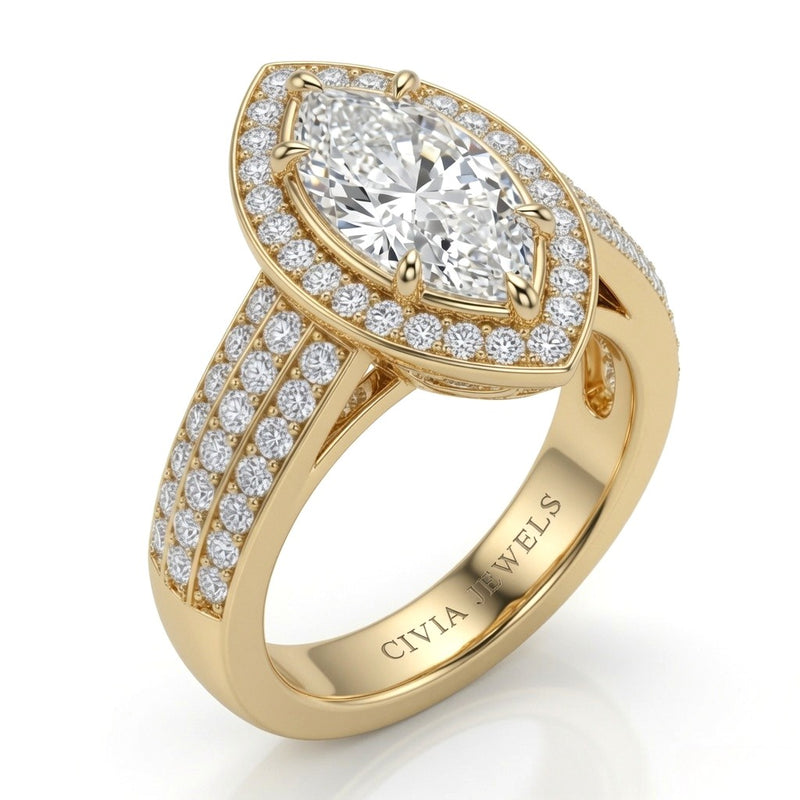 Yellow Gold Caelvani Marquise Cut Diamond Halo Engagement Ring With Triple Row Pave Shank