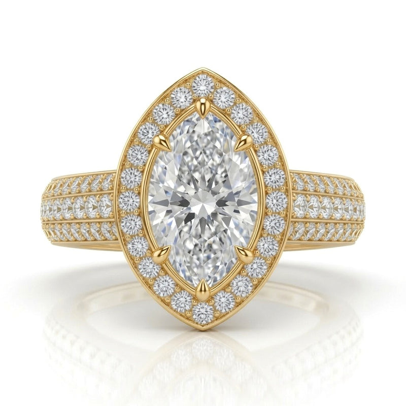 Yellow Gold Caelvani Marquise Cut Diamond Halo Engagement Ring With Triple Row Pave Shank