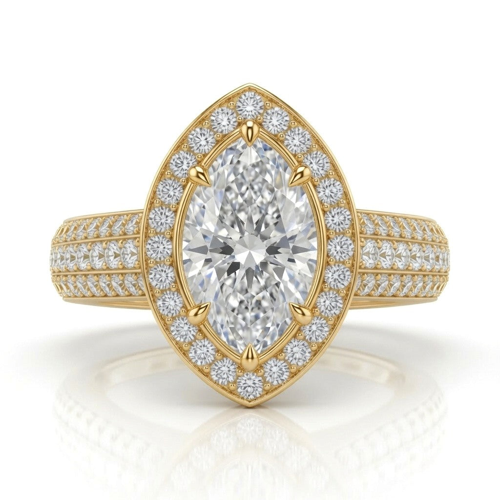 Yellow Gold Caelvani Marquise Cut Diamond Halo Engagement Ring With Triple Row Pave Shank