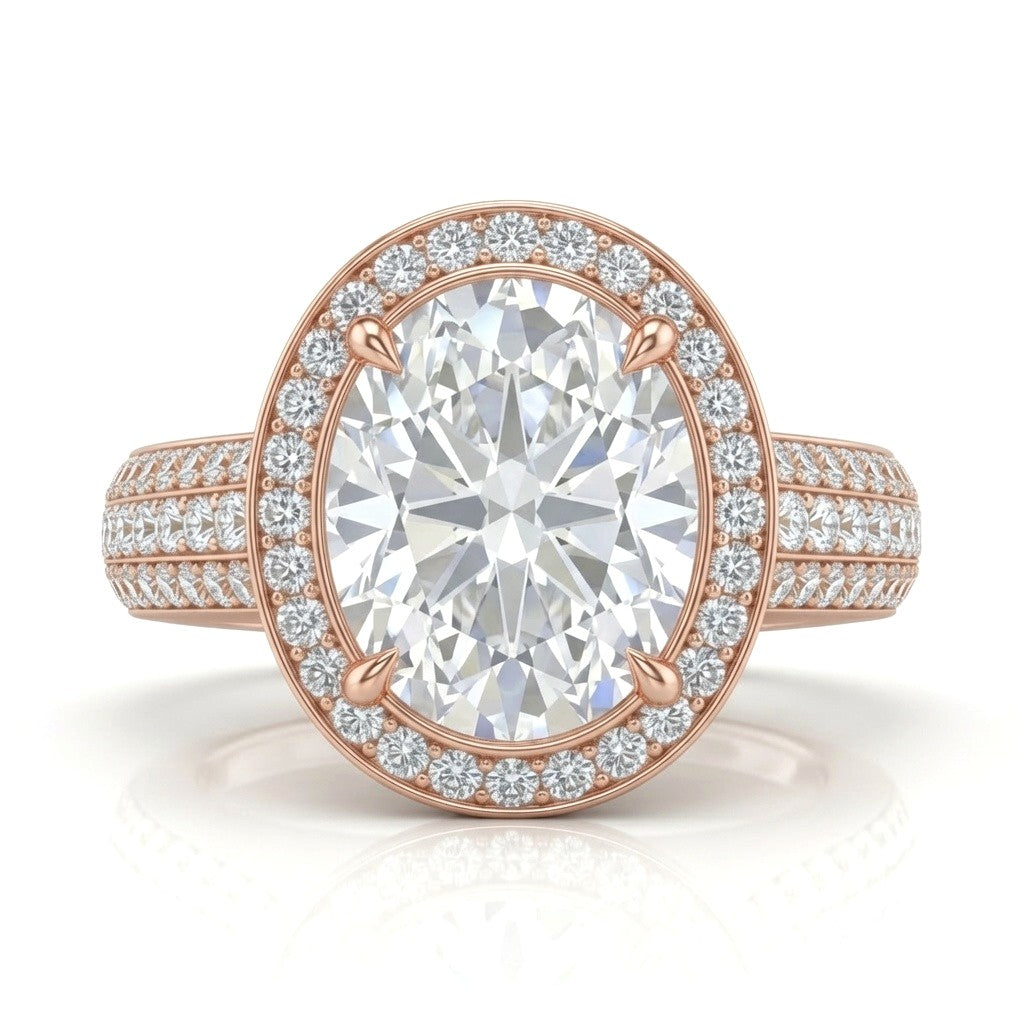 Rose Gold Caelvani Oval Cut Diamond Halo Engagement Ring With Triple Row Pave Shank