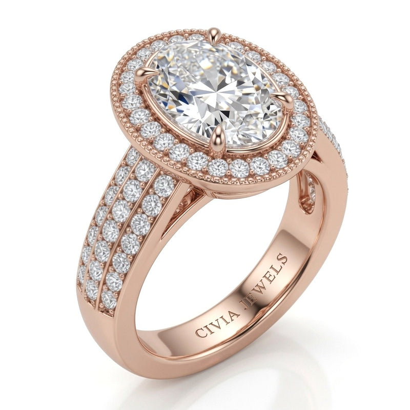 Rose Gold Caelvani Oval Cut Diamond Halo Engagement Ring With Triple Row Pave Shank