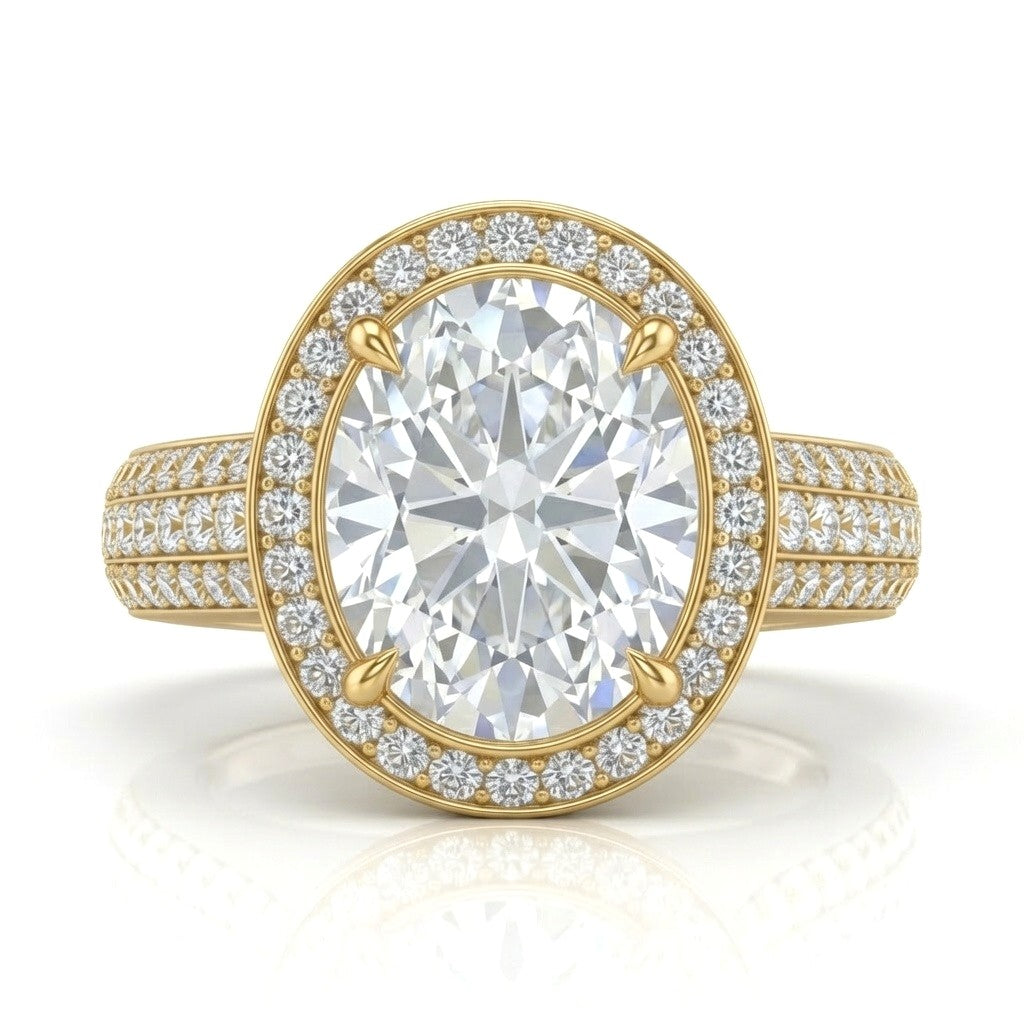 Yellow Gold Caelvani Oval Cut Diamond Halo Engagement Ring With Triple Row Pave Shank