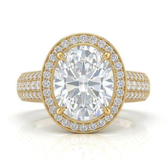 Yellow Gold Caelvani Oval Cut Diamond Halo Engagement Ring With Triple Row Pave Shank