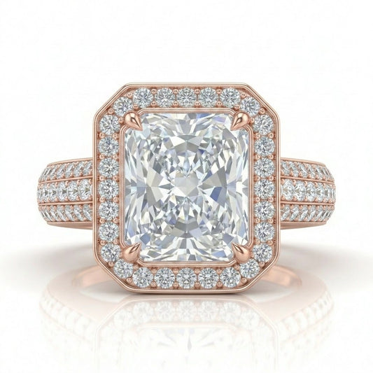 Rose Gold Caelvani Radiant Cut Diamond Halo Engagement Ring With Triple Row Pave Shank