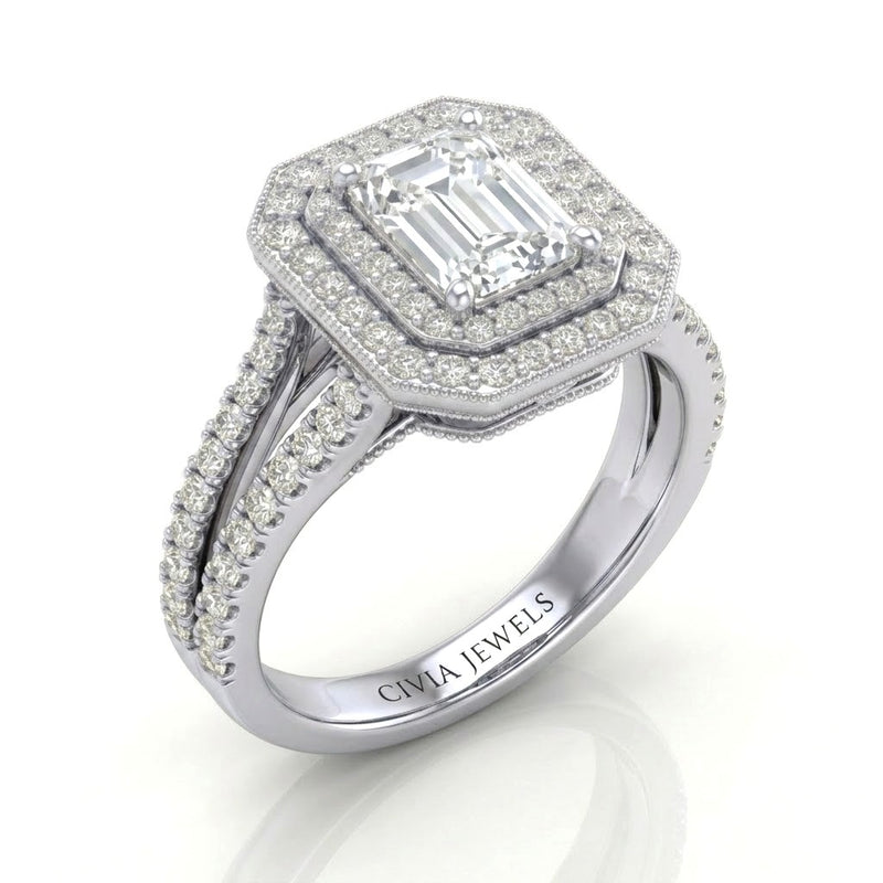Silver Celestique Emerald Double Halo Diamond Engagement Ring