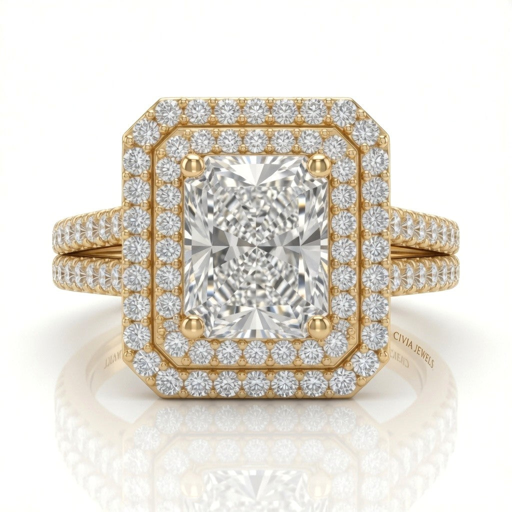 Yellow Gold Celestique Radiant Double Halo Diamond Engagement Ring