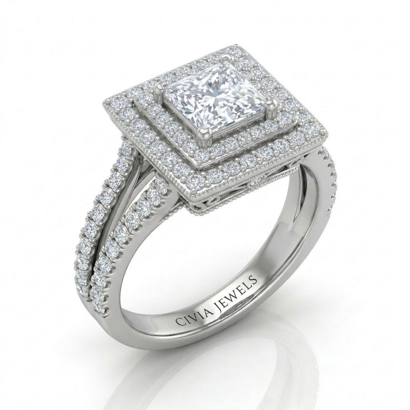 Silver Celestique Princess Double Halo Diamond Engagement Ring