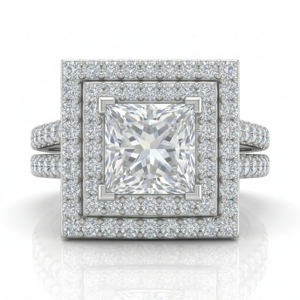 White Gold Celestique Princess Double Halo Diamond Engagement Ring