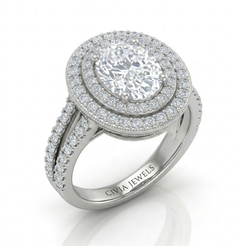 Silver Celestique Oval Double Halo Diamond Engagement Ring