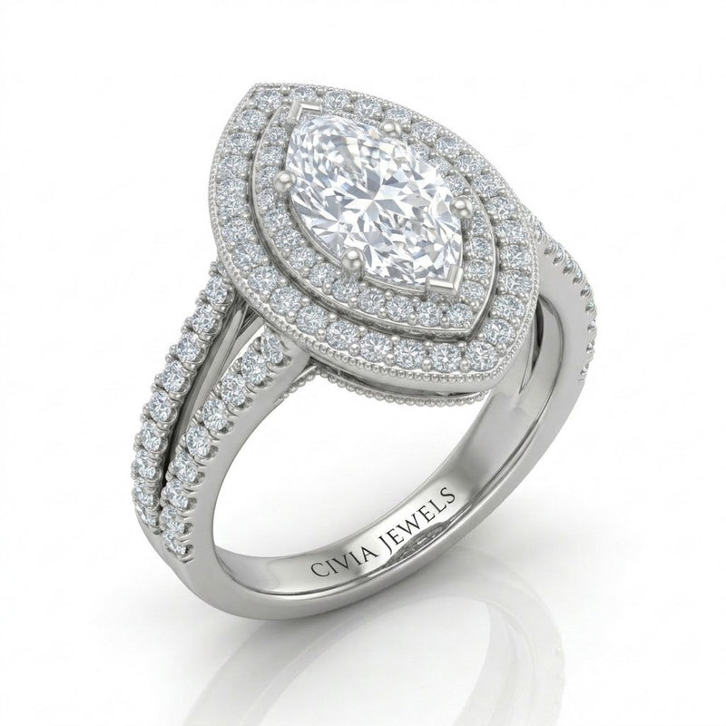 Silver Celestique Marquise Double Halo Diamond Engagement Ring