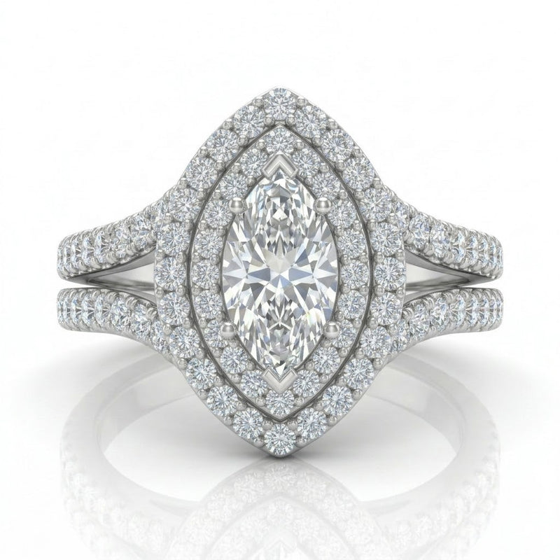 Silver Celestique Marquise Double Halo Diamond Engagement Ring