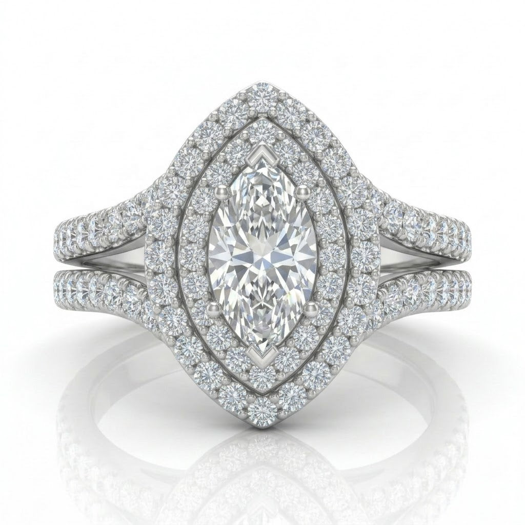 Silver Celestique Marquise Double Halo Diamond Engagement Ring