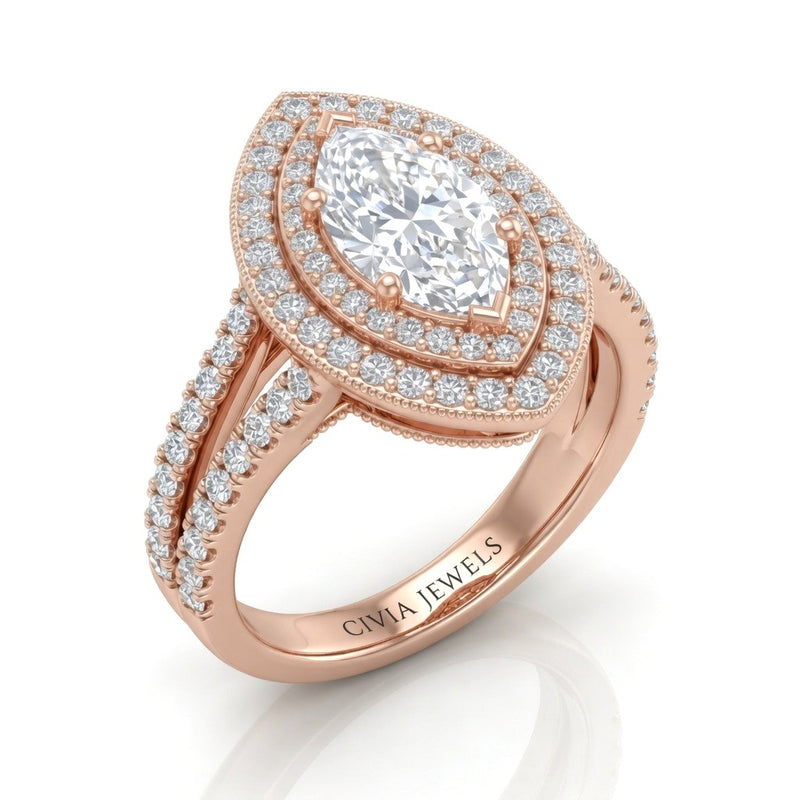 Rose Gold Celestique Marquise Double Halo Diamond Engagement Ring