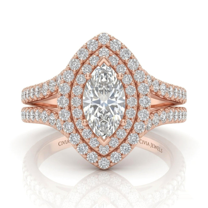 Rose Gold Celestique Marquise Double Halo Diamond Engagement Ring