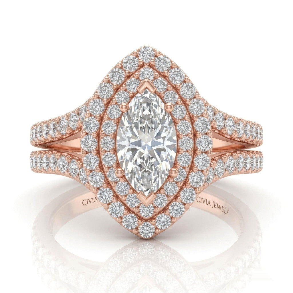 Rose Gold Celestique Marquise Double Halo Diamond Engagement Ring