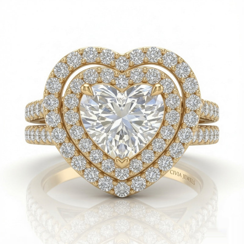 Yellow Gold Celestique Heart Double Halo Diamond Engagement Ring