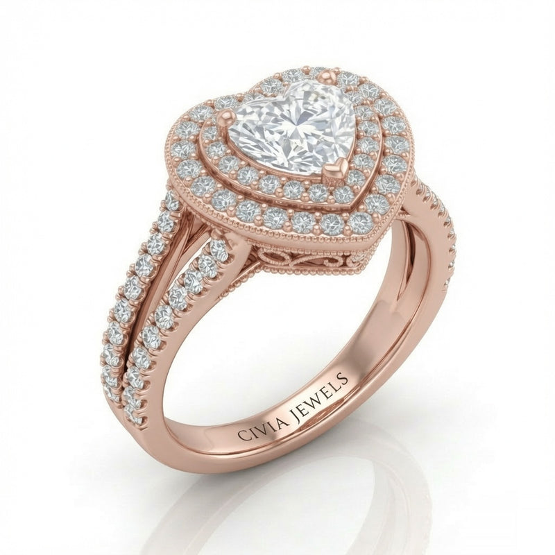 Rose Gold Celestique Heart Double Halo Diamond Engagement Ring