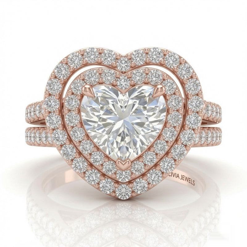 Rose Gold Celestique Heart Double Halo Diamond Engagement Ring
