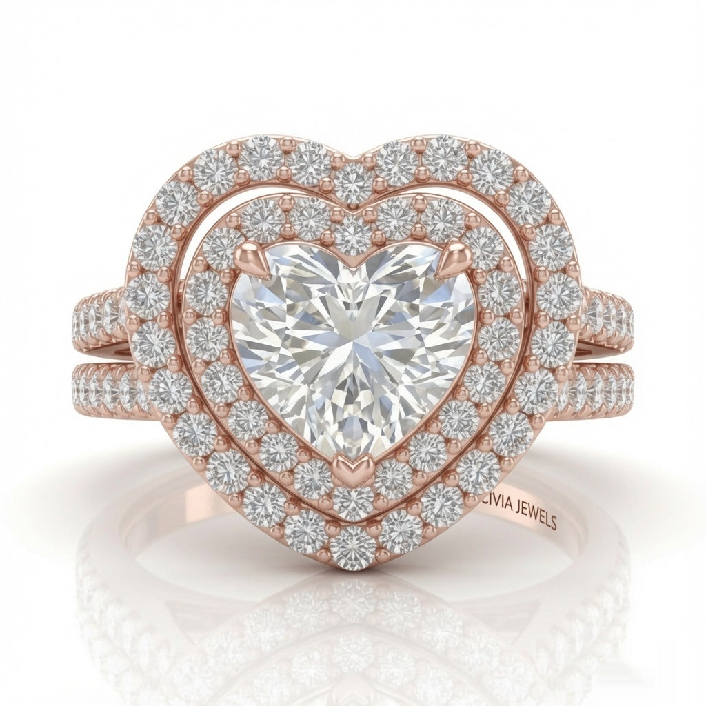 Rose Gold Celestique Heart Double Halo Diamond Engagement Ring