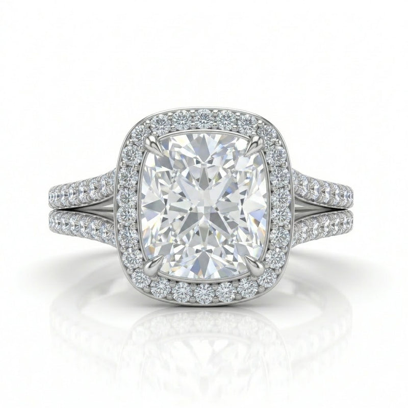 White Gold Cushion Halo Split Shank Diamond Engagement Ring