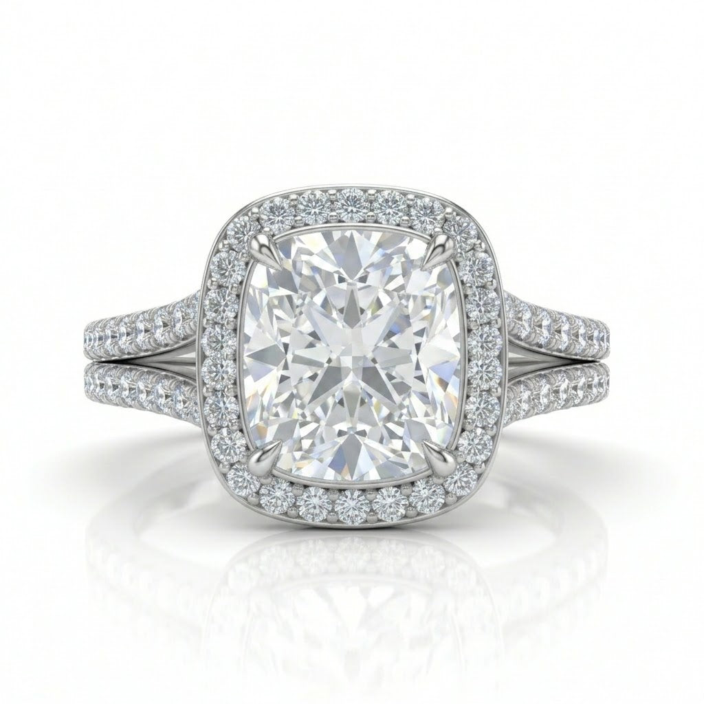 Silver Cushion Halo Split Shank Diamond Engagement Ring