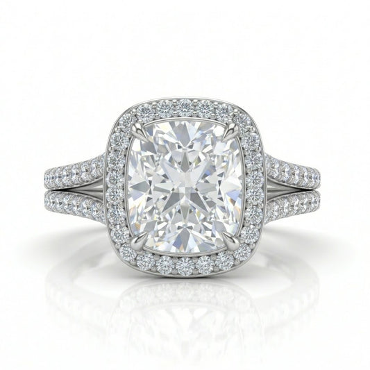 Silver Cushion Halo Split Shank Diamond Engagement Ring