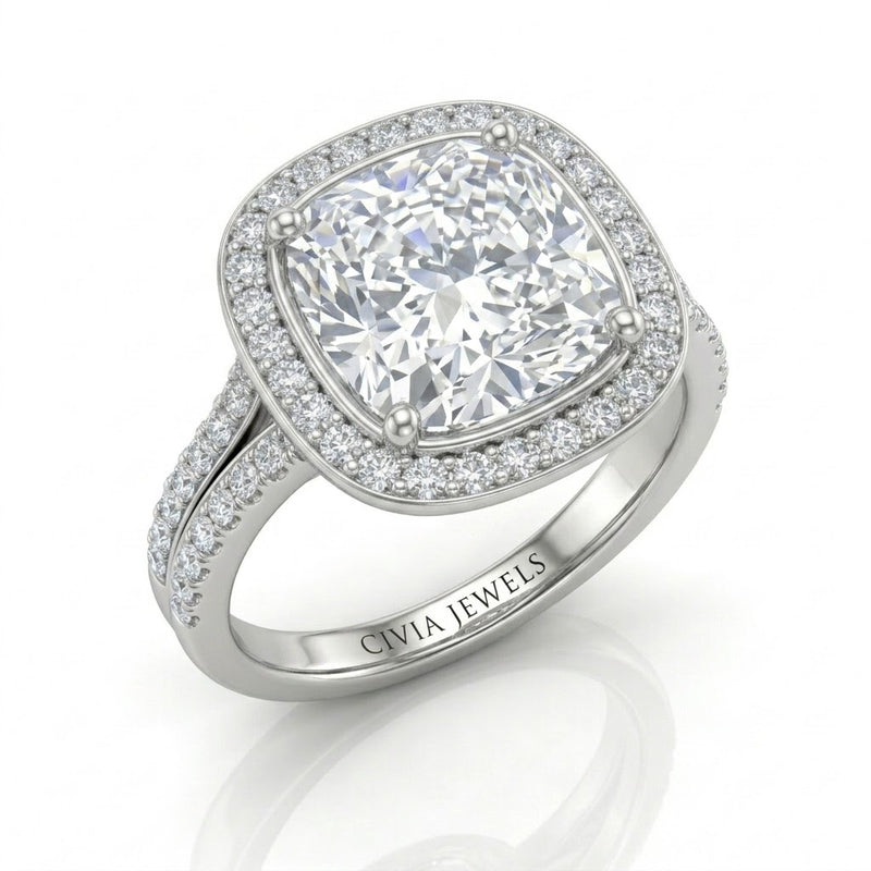 White Gold Cushion Halo Split Shank Diamond Engagement Ring