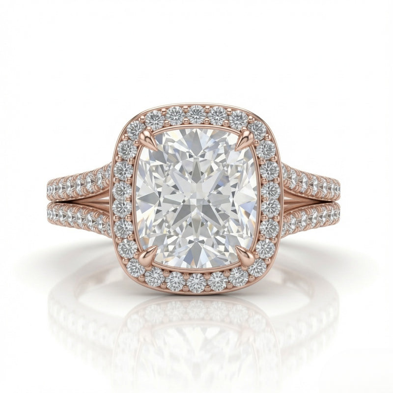 Rose Gold Cushion Halo Split Shank Diamond Engagement Ring