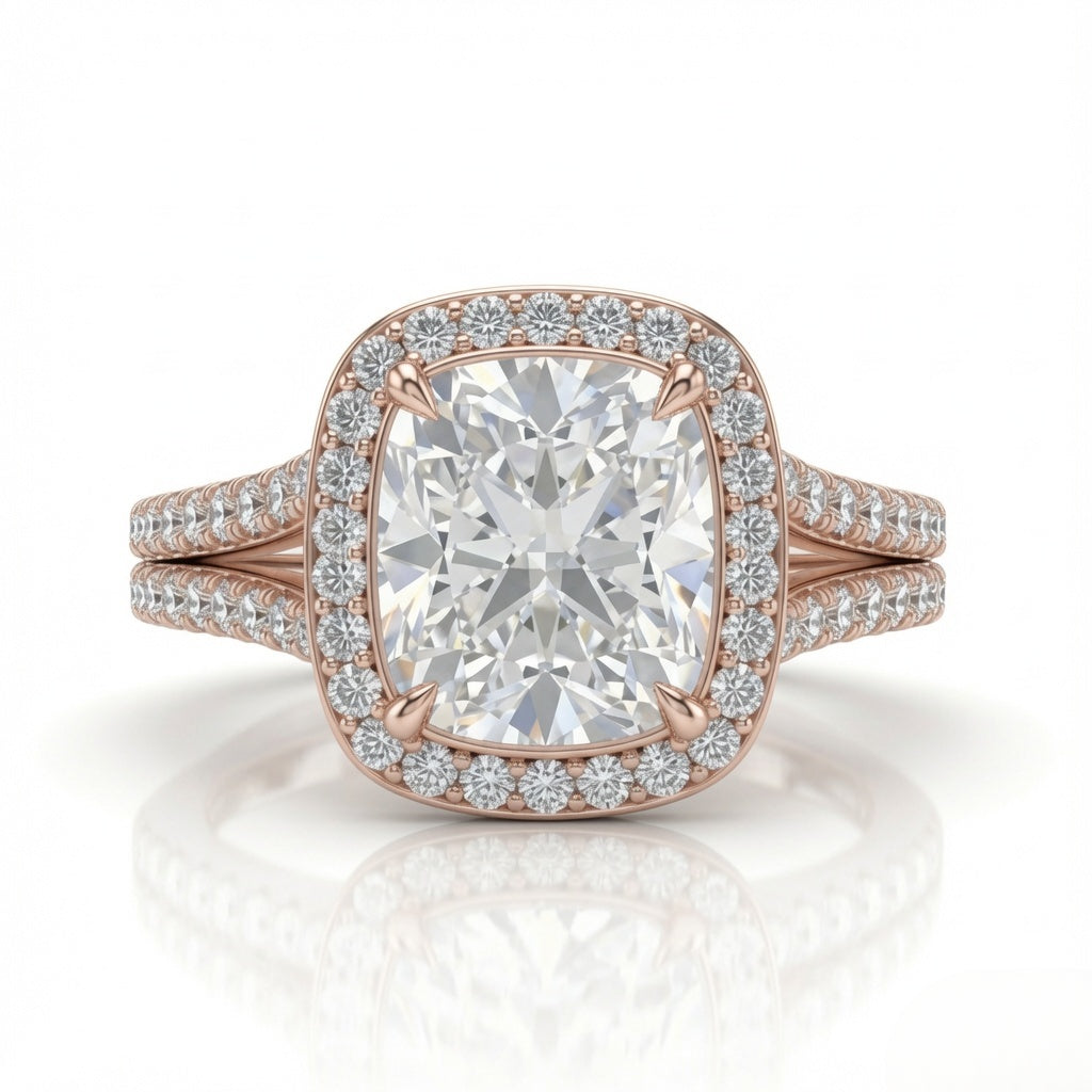 Rose Gold Cushion Halo Split Shank Diamond Engagement Ring