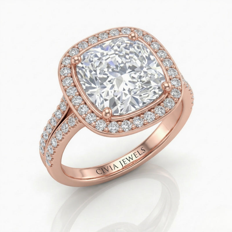 Rose Gold Cushion Halo Split Shank Diamond Engagement Ring