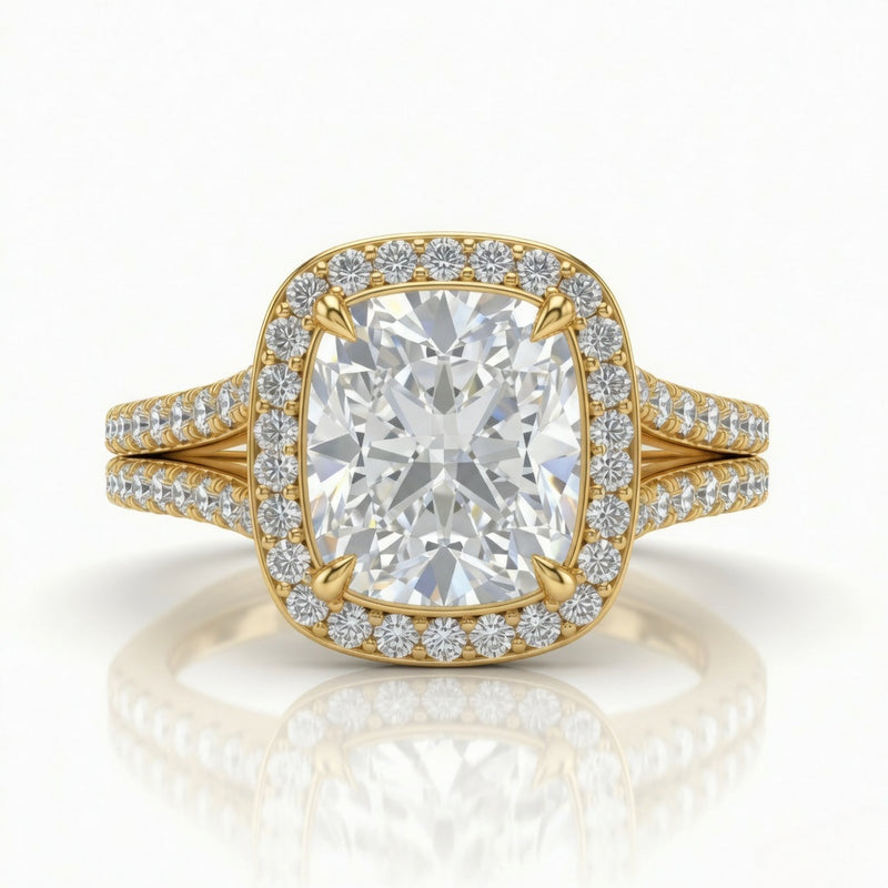 Yellow Gold Cushion Halo Split Shank Diamond Engagement Ring