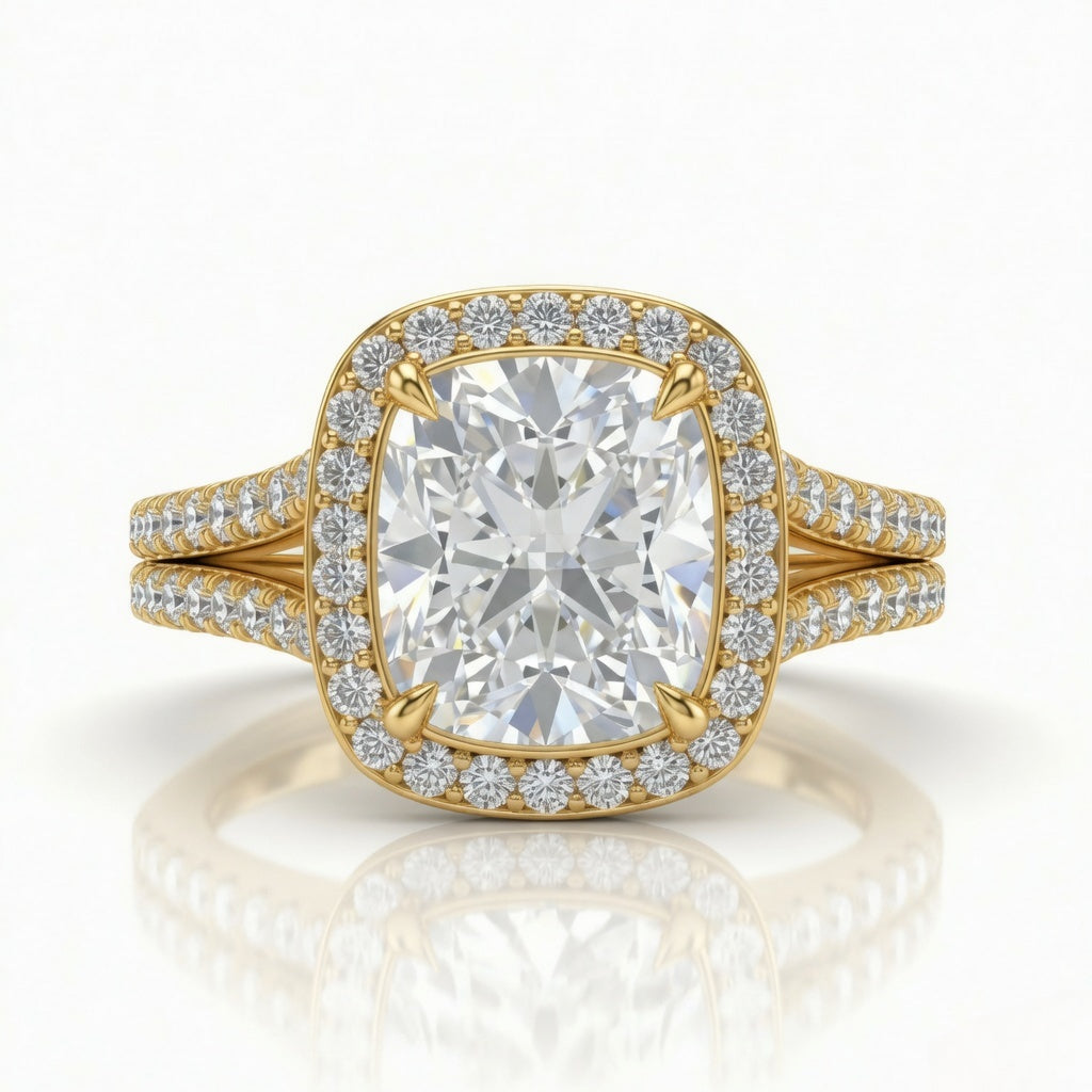 Yellow Gold Cushion Halo Split Shank Diamond Engagement Ring