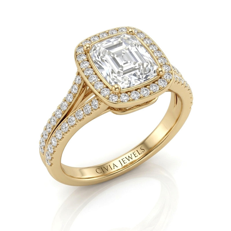 Yellow Gold Emerald Halo Split Shank Diamond Engagement Ring