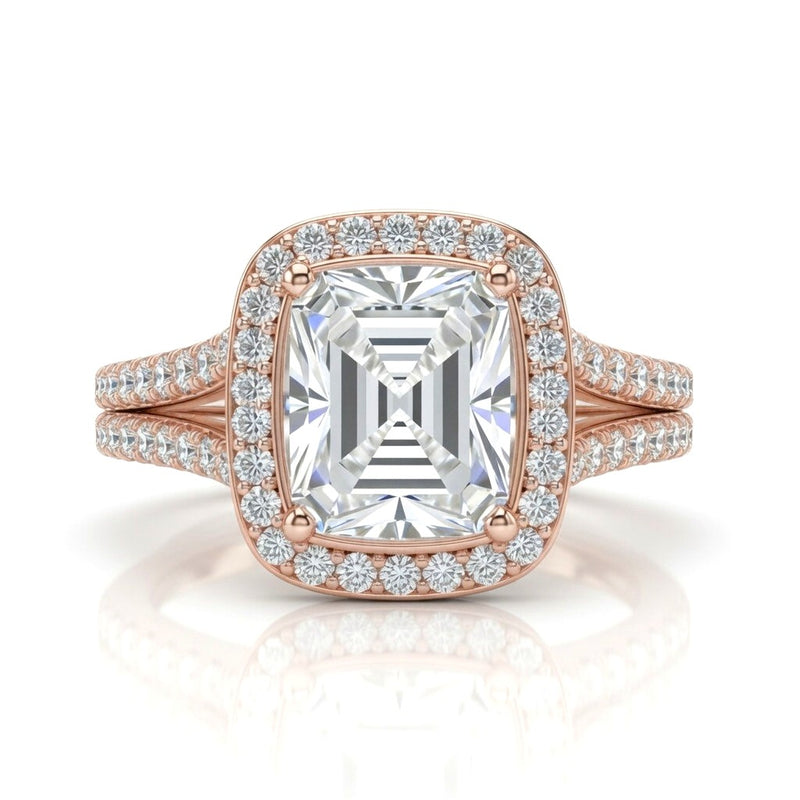 Rose Gold Emerald Halo Split Shank Diamond Engagement Ring