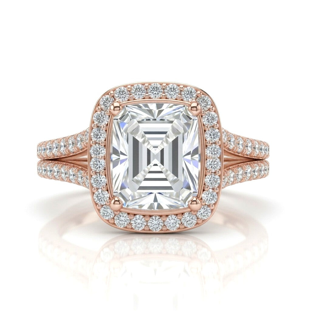 Rose Gold Emerald Halo Split Shank Diamond Engagement Ring