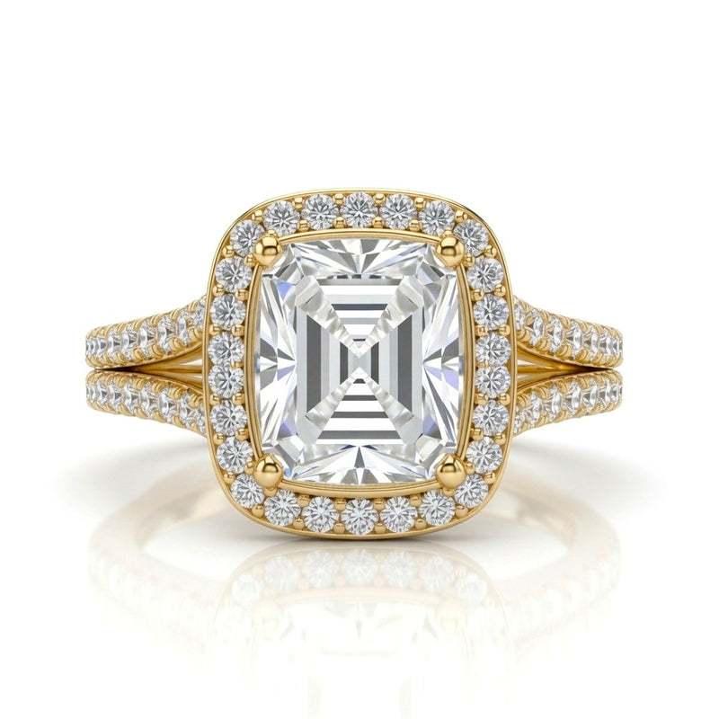 Yellow Gold Emerald Halo Split Shank Diamond Engagement Ring