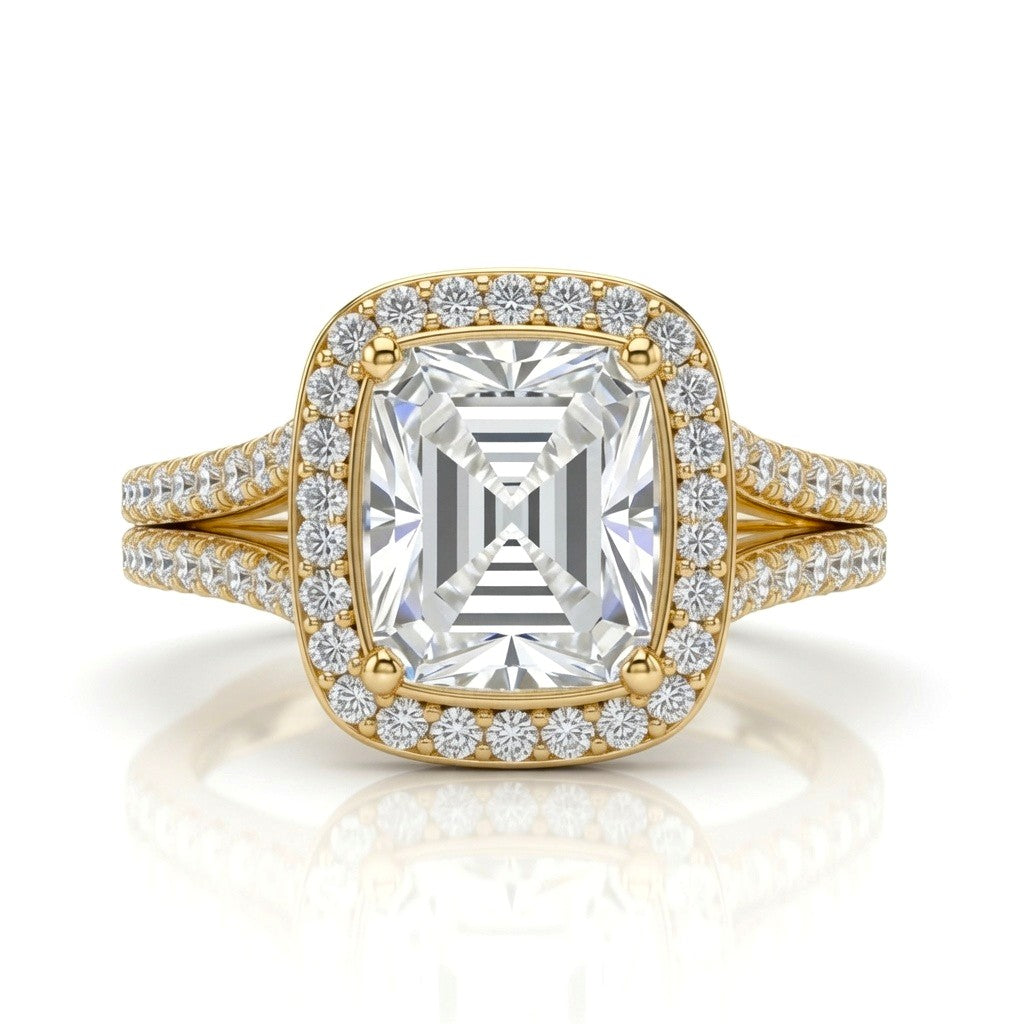 Yellow Gold Emerald Halo Split Shank Diamond Engagement Ring