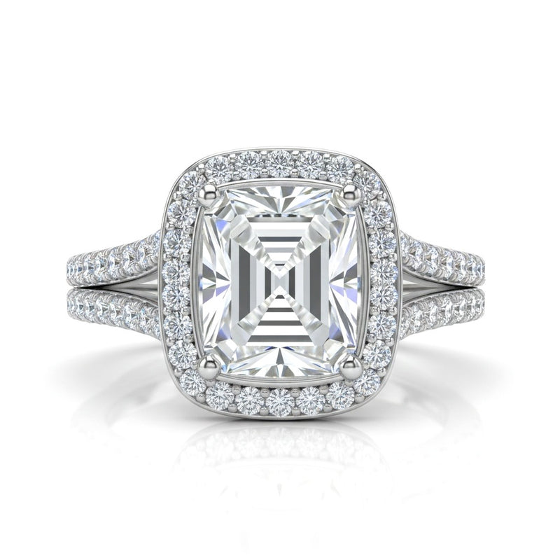 White Gold Emerald Halo Split Shank Diamond Engagement Ring