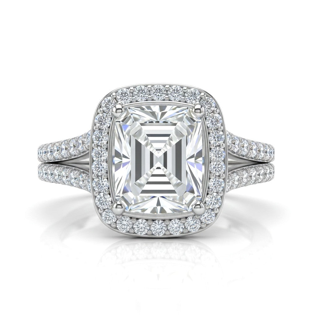 White Gold Emerald Halo Split Shank Diamond Engagement Ring